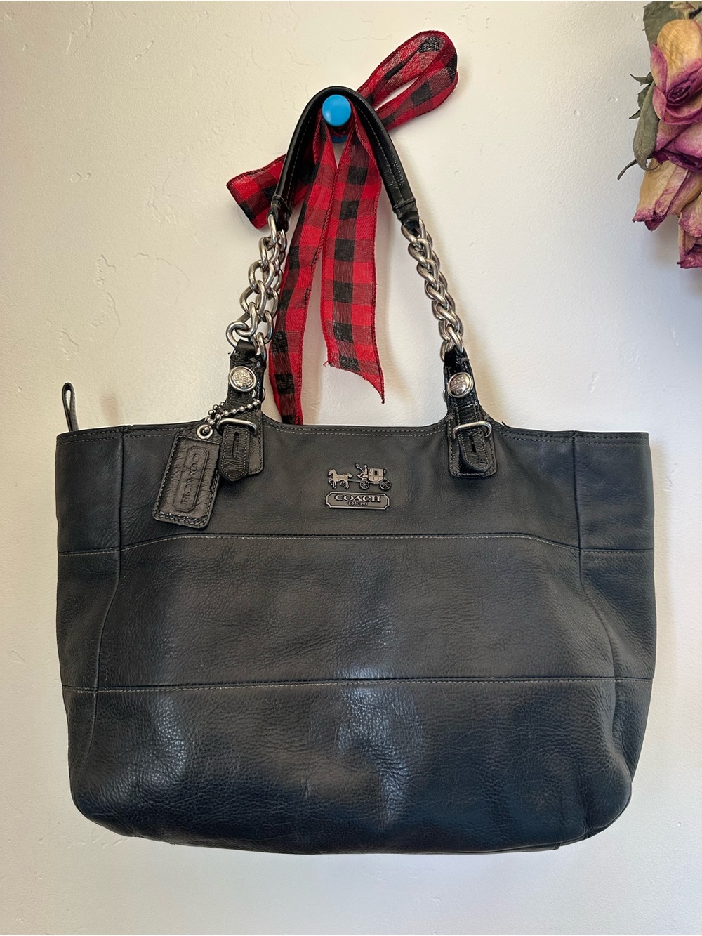 Coach Black Leather Chain-Handle Tote Bag